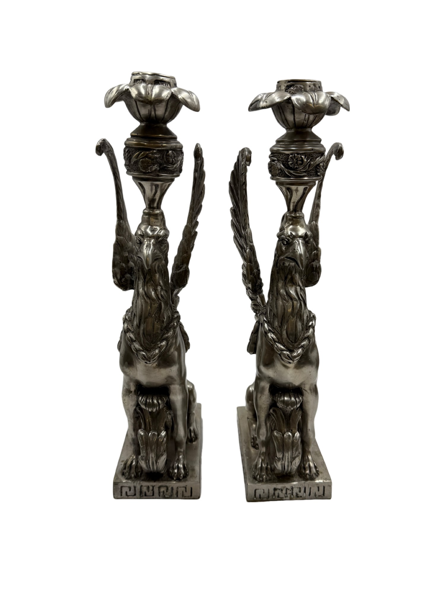 Silver plated Bronze Winged Griffin Candlesticks: Silver Toned Winged Griffin Candlesticks 15.25"H x 3.5"W From the living estate of Betsy Havens Out of house shipping