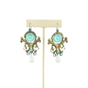 Marked Vintage Italy Cherub Blue Stone Ornate Earrings
