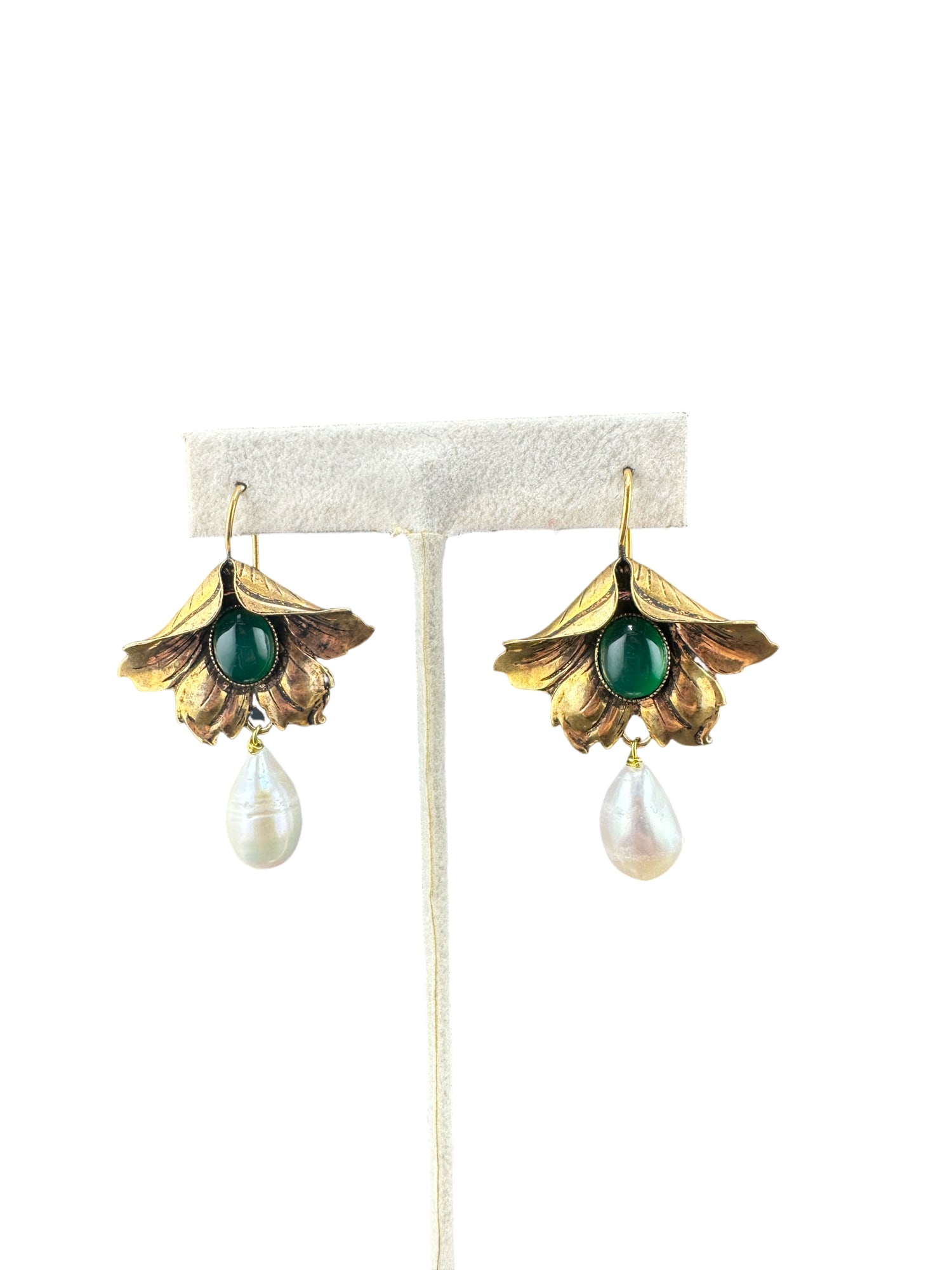 Vintage Earrings - Brass Two Green emerald Stones and Natural Pearl Pendants: Vintage Earrings - Brass Two Green emerald Stones and Natural Pearl Pendants 2"L in house shipping