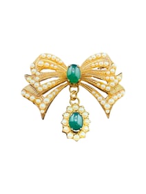 Gold Toned Tourmaline Bow with Seed Pearls Brooch