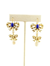 Drop Earrings with Seed Pearls and Lapiz Lazuli (?) Stones