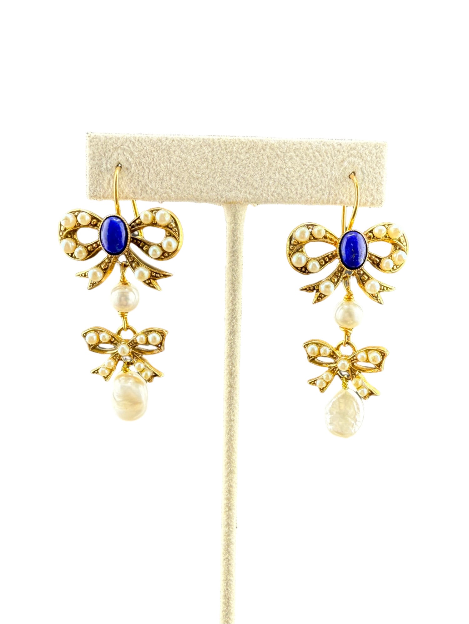 Drop Earrings with Seed Pearls and Lapiz Lazuli (?) Stones: Drop Earrings with Seed Pearls and Lapiz Lazuli (?) Stones Approx. 2.25 in."L Stones: 9.04mm"L x 6.83mm"W In house shipping within the US.