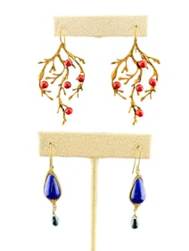 2 Sets of  Earrings Coral and Lapiz Lazuli (?) Drop Earrings