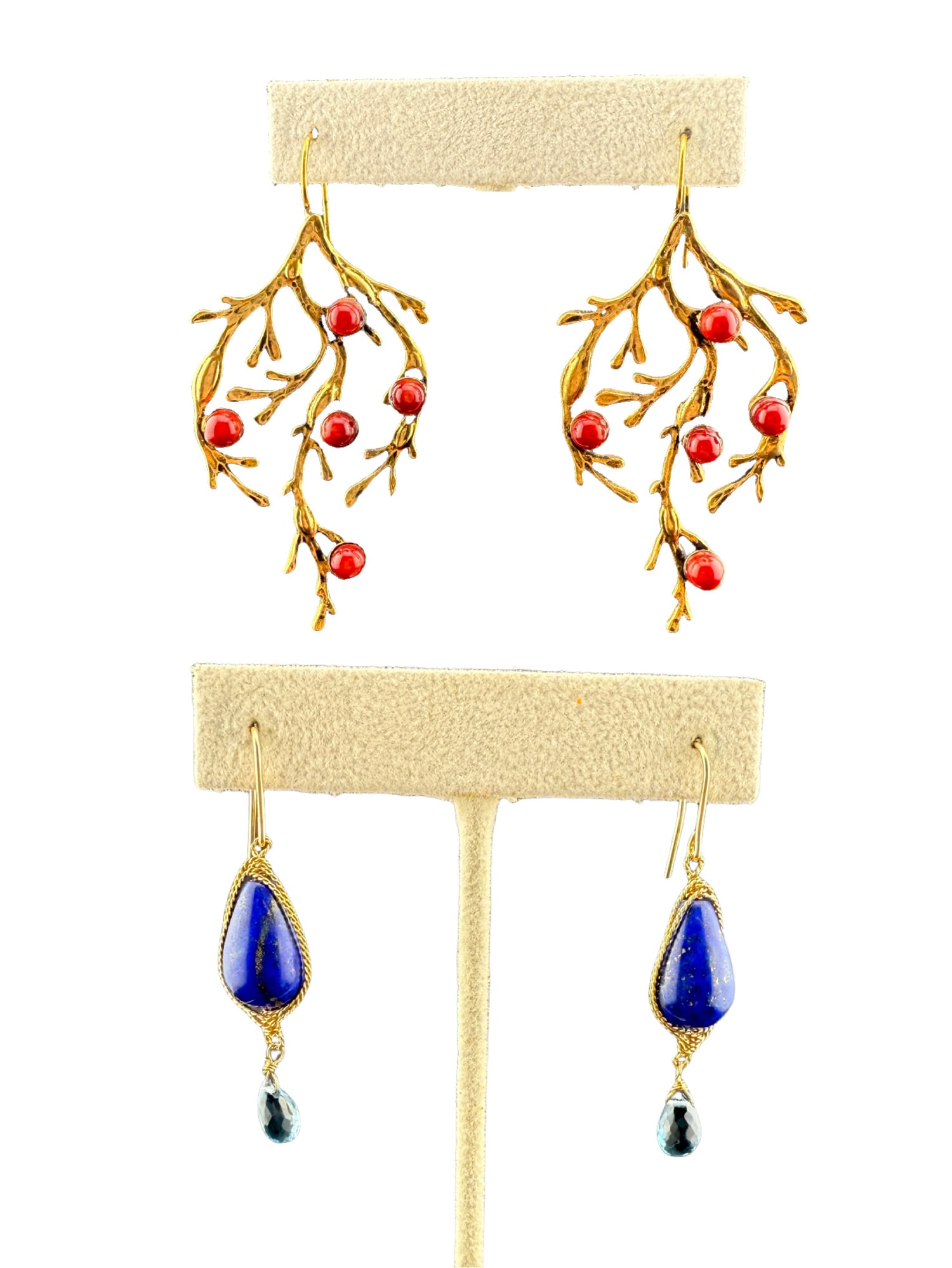 2 Sets of  Earrings Coral and Lapiz Lazuli (?) Drop Earrings (1 of 5)