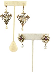 set of two Gold Toned and sterling earrings with Seed Pearls and stones