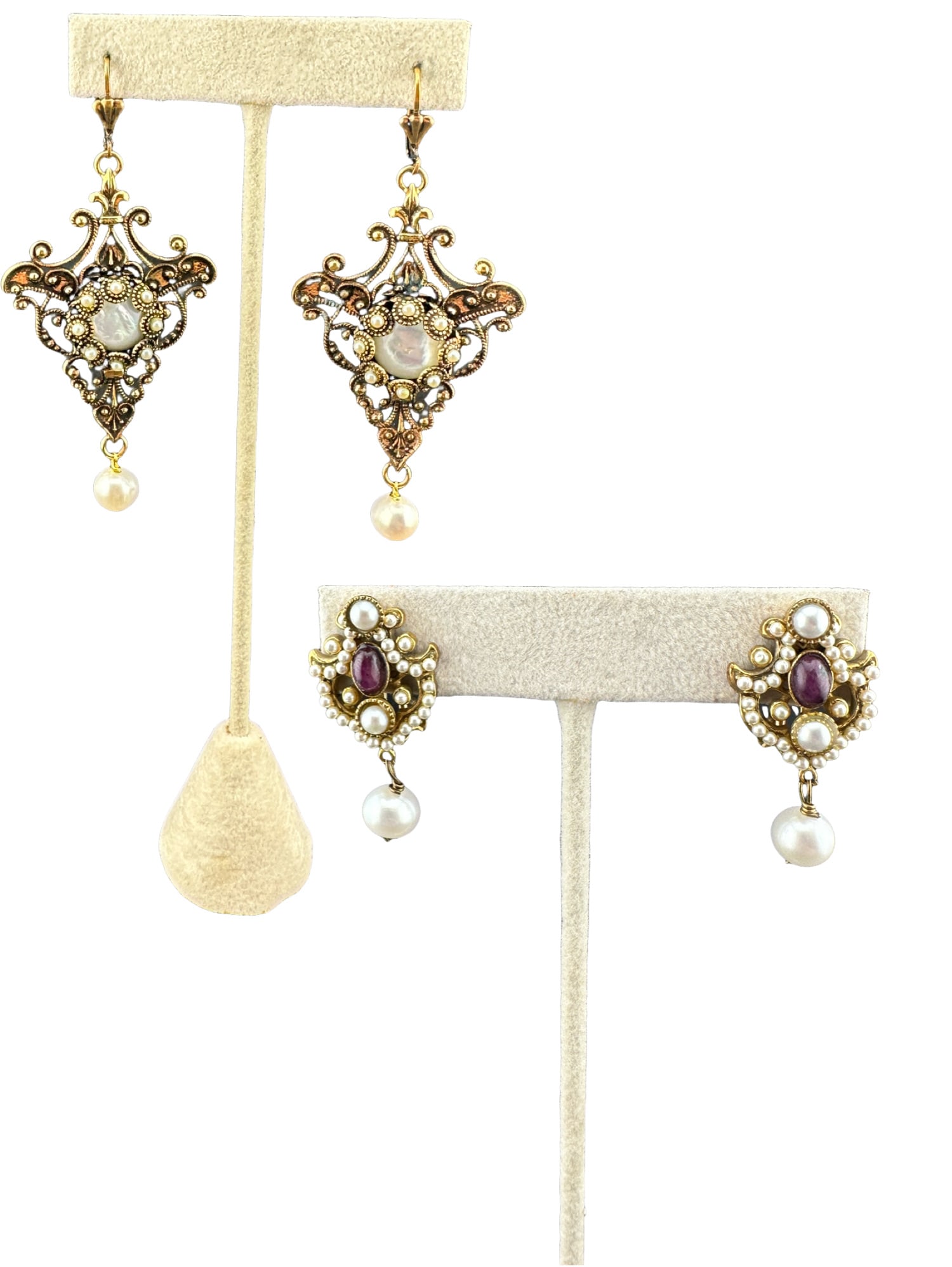 set of two Gold Toned and sterling earrings with Seed Pearls and stones: set of two Gold Toned and sterling earrings with Seed Pearls and stones long earrings are 3"L small sterling earrings are roughly 1"L in house shipping within the us