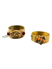Vintage Set of 2 Gold Toned Bracelet Cuffs with Large Stones and Seed Pearls