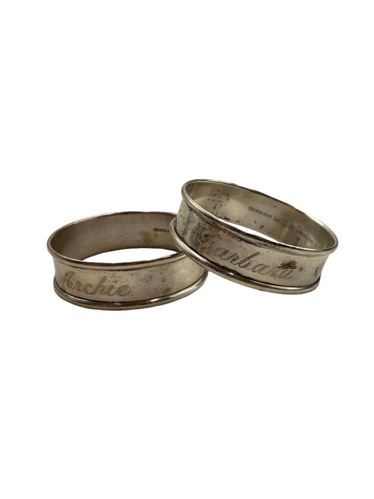 Charleston Estate - Engraved Gorham Sterling Silver Napkin Rings: From Charleston Family Estate - Engraved Gorham Sterling Silver Napkin Rings Engraved with "Barbara" and "Archie" 1.75"in 22 grams In house shipping within the US.