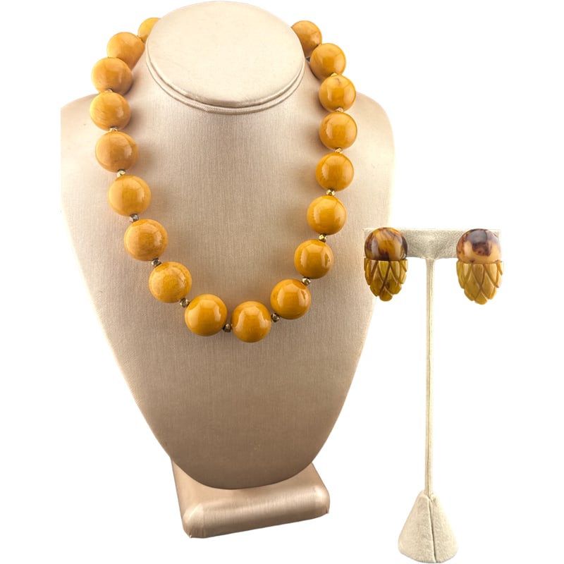 Xoeb Signed Beaded Amber? Necklace and vintage Bakelite Acorn Clip On Earrings (1 of 5)