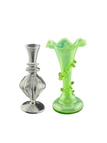 Vintage Green Ruffle Glass Vase and a Glass Bud Vases