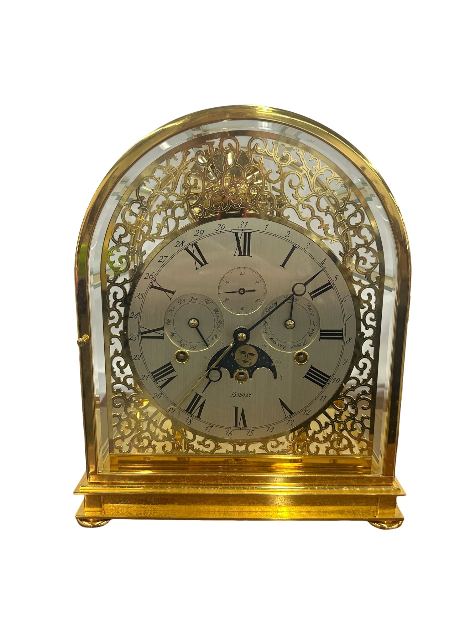 A 2OTH CENTURY KIENINGER GOLD PLATED MOONPHASE TABLE CLOCK (1 of 11)