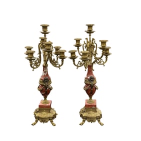 Pair of Italian Brevettato Style Marble Brass Candelabras Candle Holders Cherubs