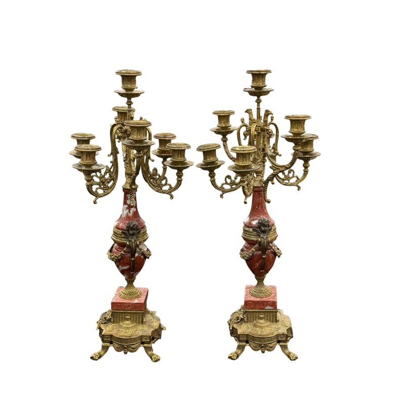 Pair of Italian Brevettato Style Marble Brass Candelabras Candle Holders Cherubs (1 of 10)