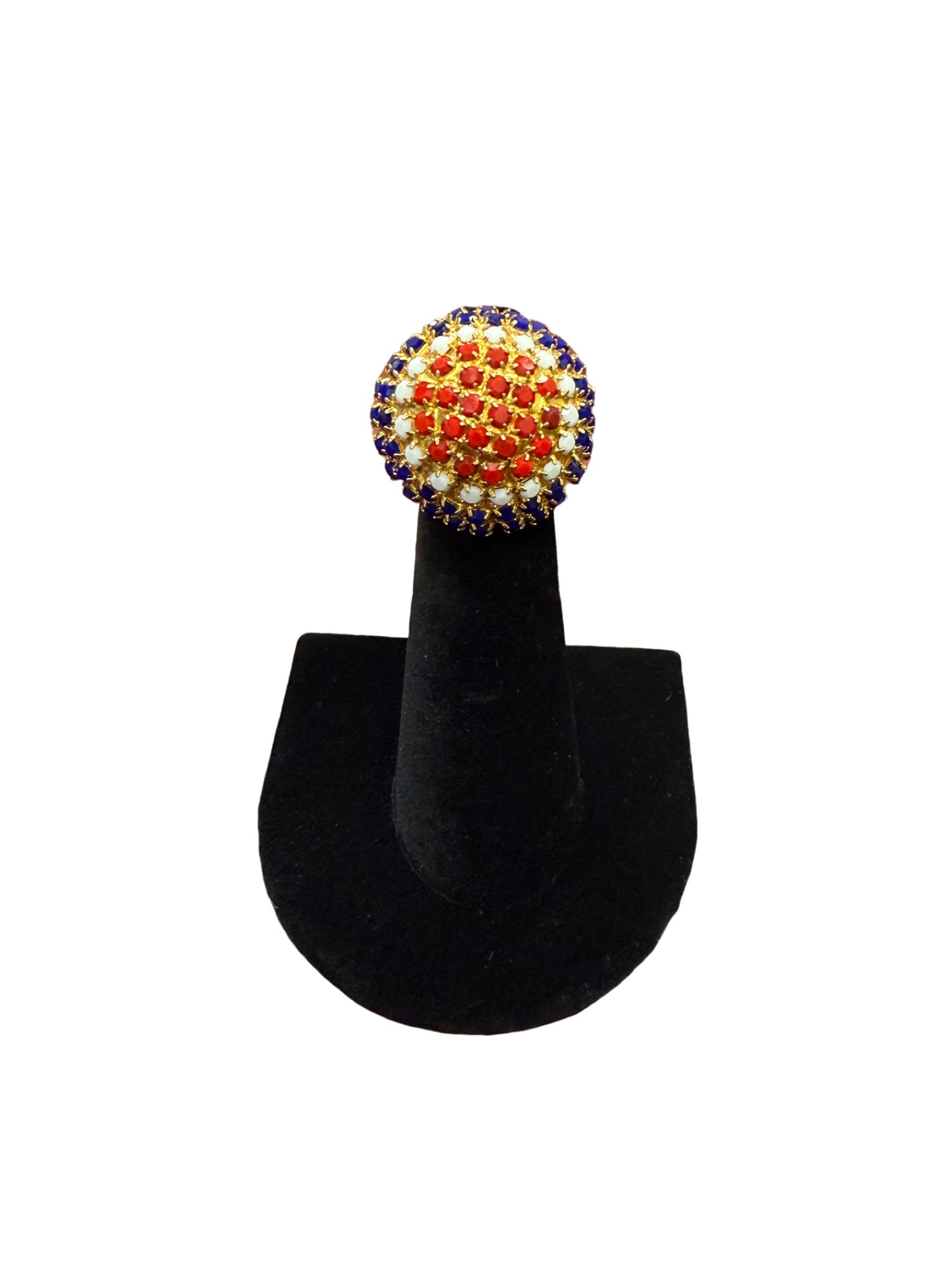 Red, White, and Blue Stoned Cocktail Ring by William DeLillo: Red, White, and Blue Stoned Cocktail Ring by William DeLillo Ring size 3.5 In house shipping within the US.