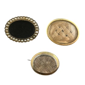three 14k and 10k  Antique Mourning Pin, Hairwork pearls