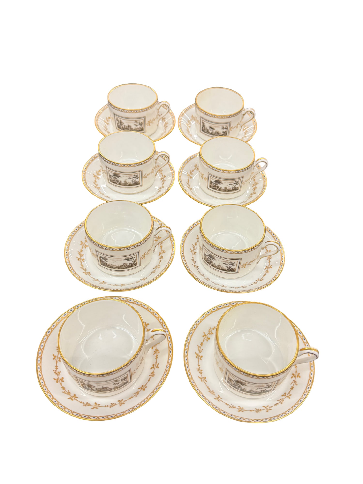 Richard Ginori Porcelain 'Fiesole' Teacups with Plates: Richard Ginori Porcelain 'Fiesole' Teacups with Plates Measurements: Teacups: 2.25"H x 3.25"W Plates: 5.5 in. From the estate of Peter and Patti McGee Out of house shipping