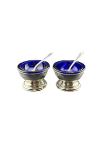 Sterling Silver Cobalt Blue Glass Salt Cellars with Spoons