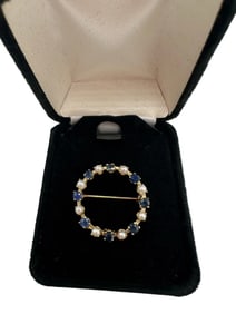 14K Gold Sapphire and Pearl Brooch