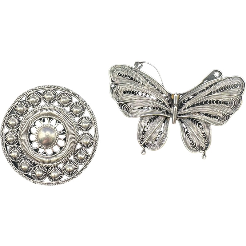 Antique Filigree Dutch Button Brooch and Vintage Butterfly Brooch 800 silver??: Antique Filigree Dutch Button Brooch and Vintage Butterfly Brooch 800 silver?? 1.5" butterfly1.5"lx2"w From the estate of Peter and Patti McGee
