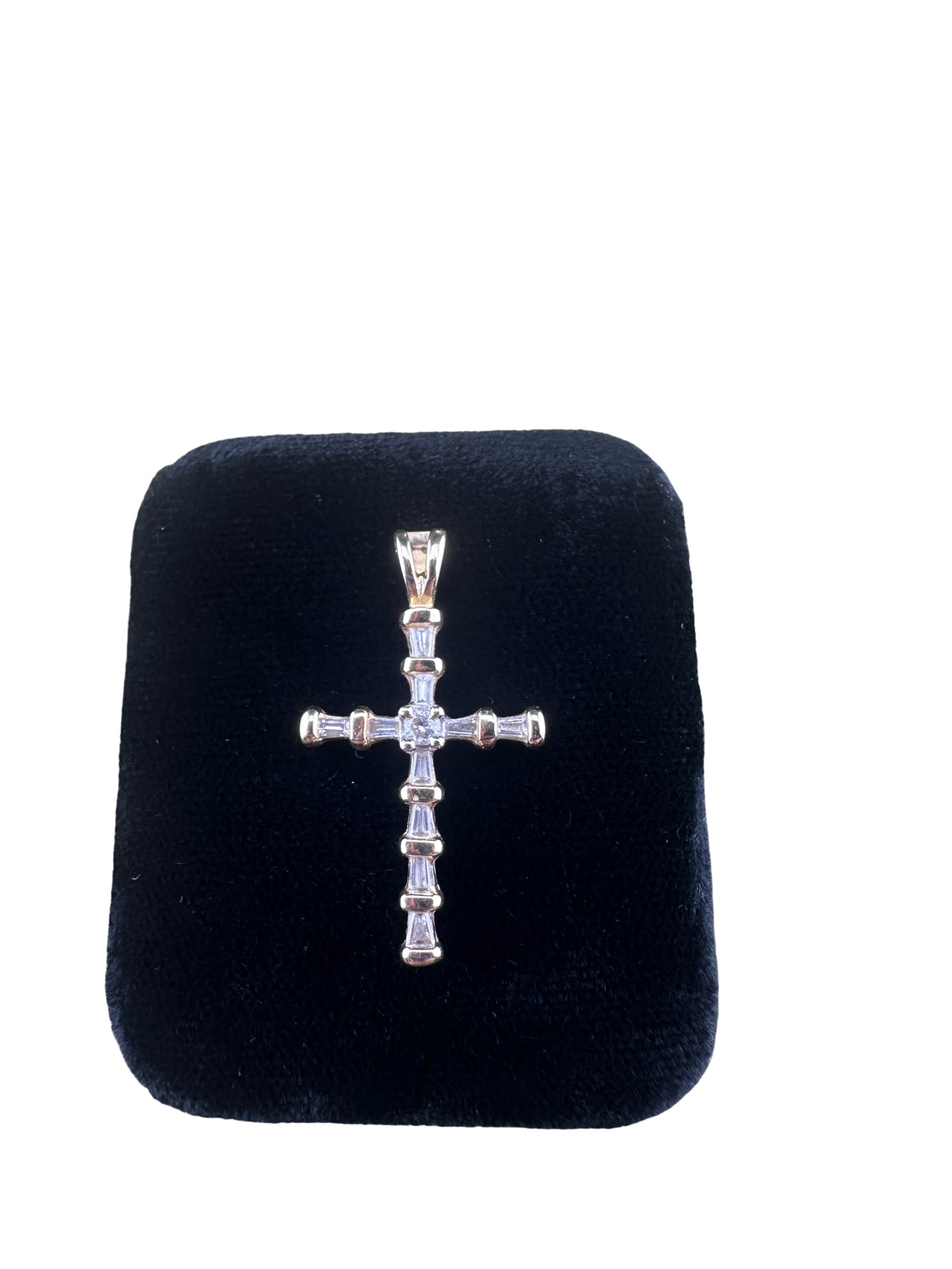 14k Solid Gold Cross Necklace, Baguette Diamond Cross Pendant (1 of 4)