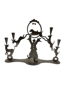 Signed Amy Hess Nickel Stainless Steel Dog Jumping Hoop Candelabra Sculpture