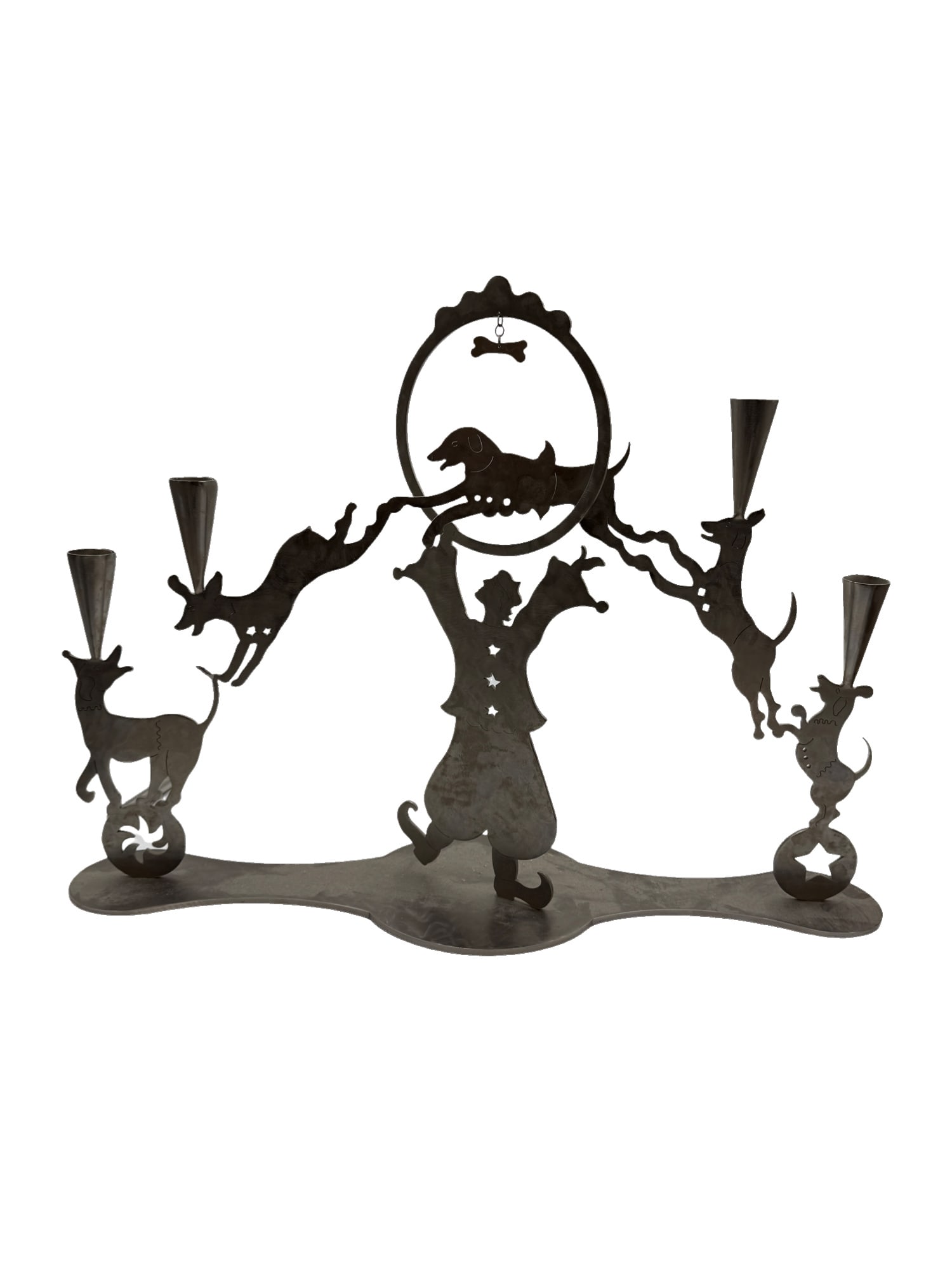 Signed Amy Hess Nickel Stainless Steel Dog Jumping Hoop Candelabra Sculpture (1 of 6)