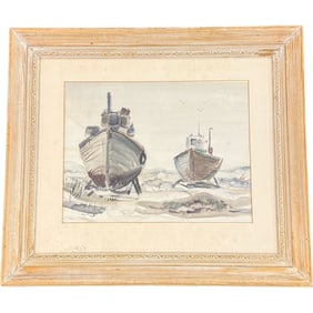 Mid Century Watercolor Painting of Boats