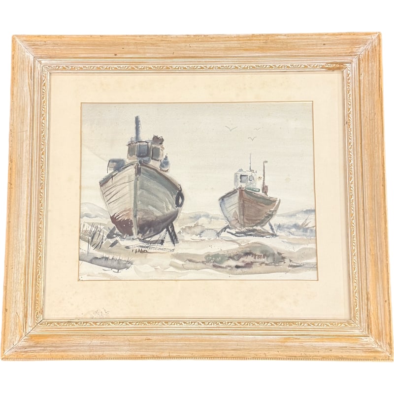 Mid Century Watercolor Painting of Boats: Mid Century Watercolor Painting of Boats frame: 25.25" x 29.25" x 2" sight: 19.25" x 23.25" **OUT OF HOUSE SHIPPING