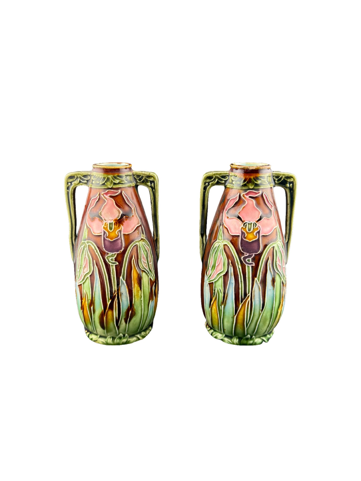 Pair of Antique French Art Deco Nouveau Majolica Vases (1 of 6)