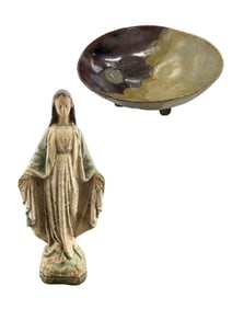 Cement Santos Virgin Mary Statue & Pottery Bowl Signed Donaldson