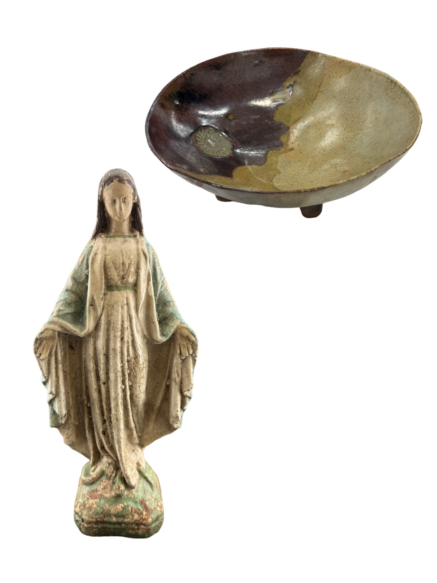 Cement Santos Virgin Mary Statue & Pottery Bowl Signed Donaldson (1 of 10)