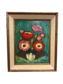 Roberta Ferris Framed and Signed Painting of Flowers in Vase