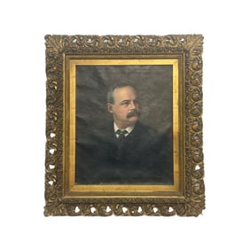 Antique Portrait Painting of Distinguished Man Mustache Ornate Frame