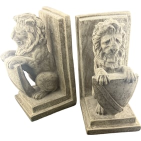 1992 Cast Cement Lions With Shields Book Ends