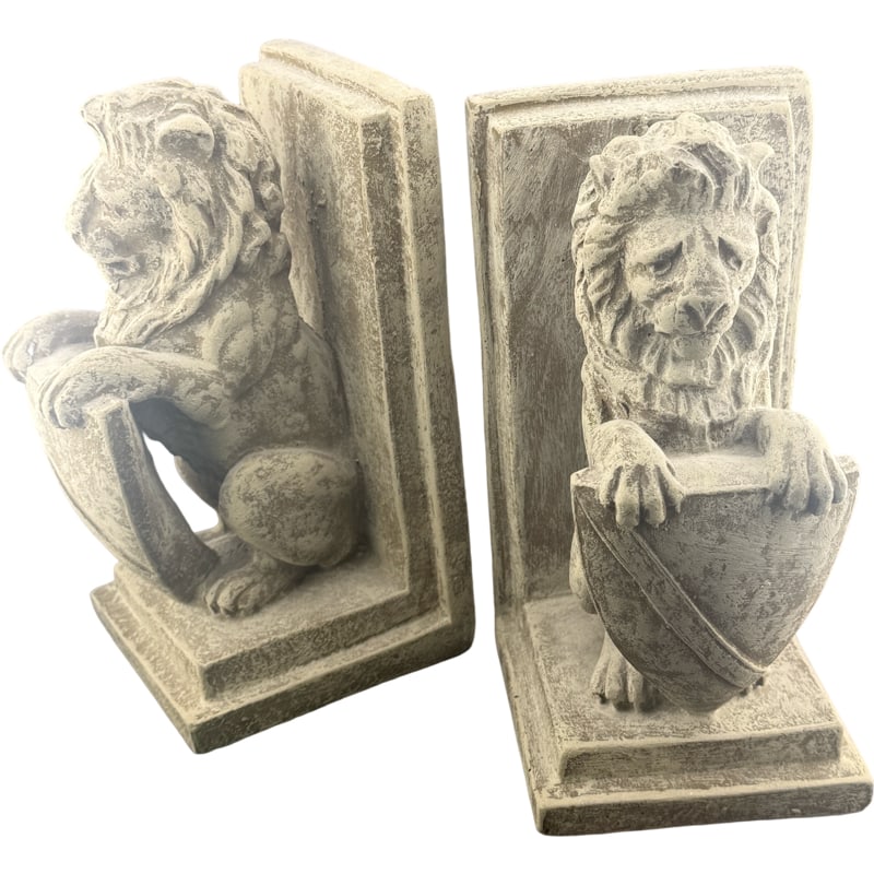 1992 Cast Cement Lions With Shields Book Ends: PLEASE READ: If you win this item, please select self arranged for in house shipping when paying invoice 1992 Cast Cement Lions With Shields Book Ends. very heavy 8.5"H x 4.25"L x 4.5"D