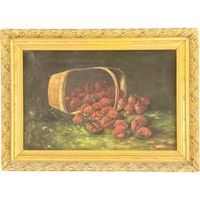 Antique Vintage Still Life Oil Painting Strawberries in Basket