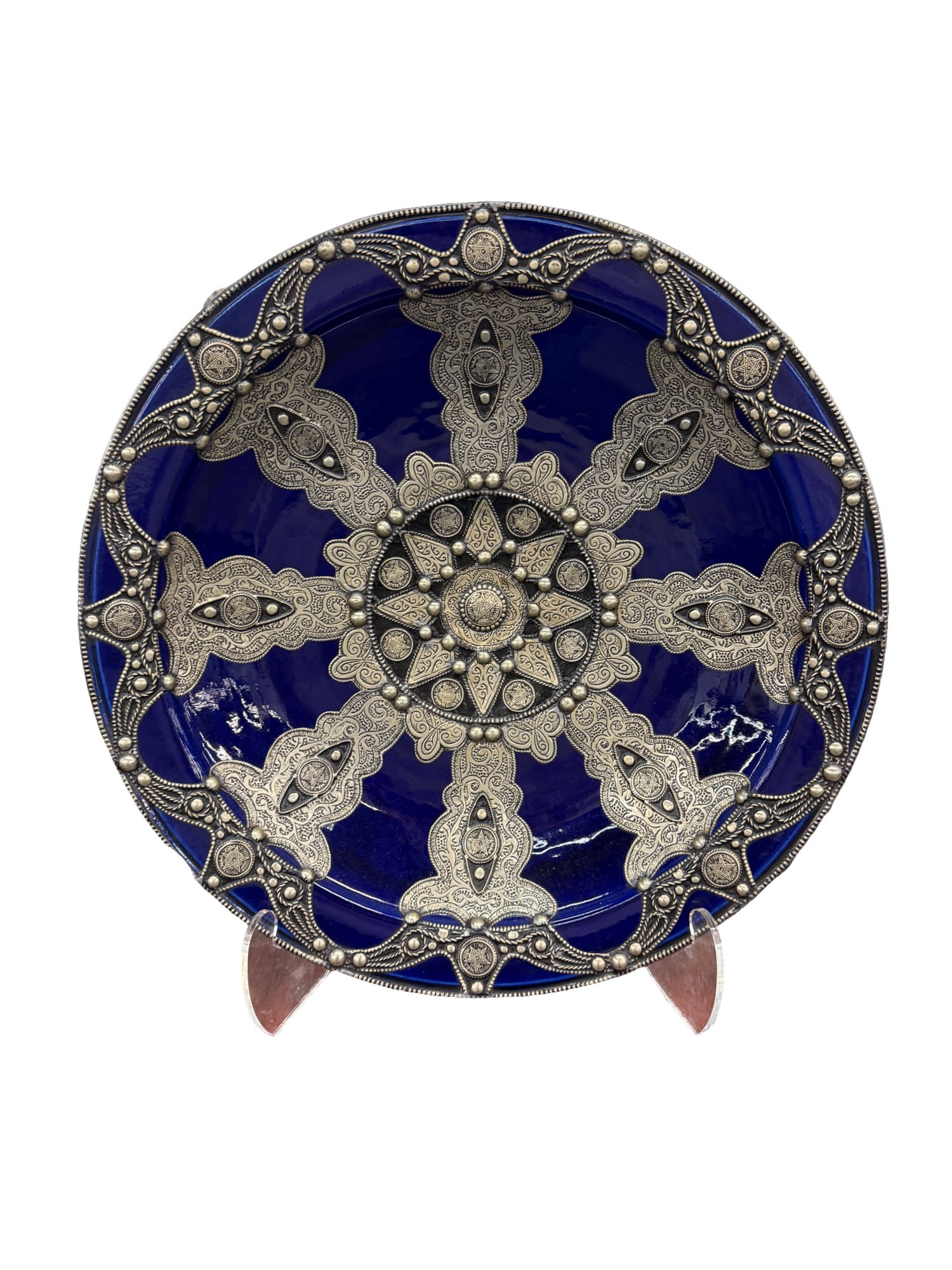 Moroccan Plate with Overlay Silver Metal and Cobalt Ceramic Large Plate (1 of 5)