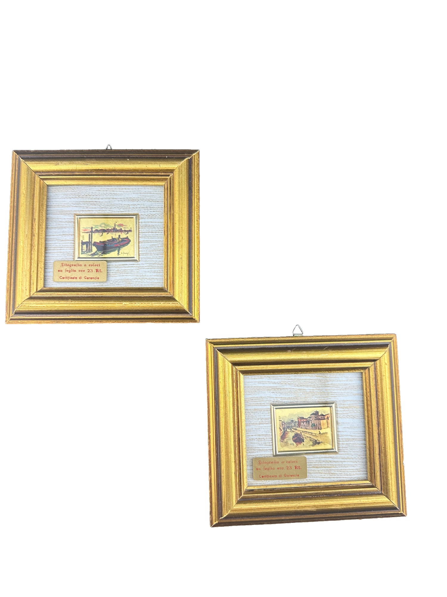Pair of Small framed Italian art pieces, gold-leaf 23 kt, with certificate (1 of 4)