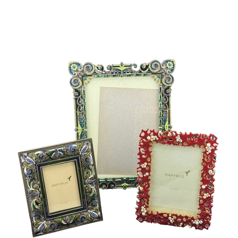 Lot of Fun Enamel Frames (3) Papyrus: PLEASE READ: If you win this item, please select self arranged for in house shipping when paying invoice Lot of Fun Enamel Frames (3) largest: 7" x 5"