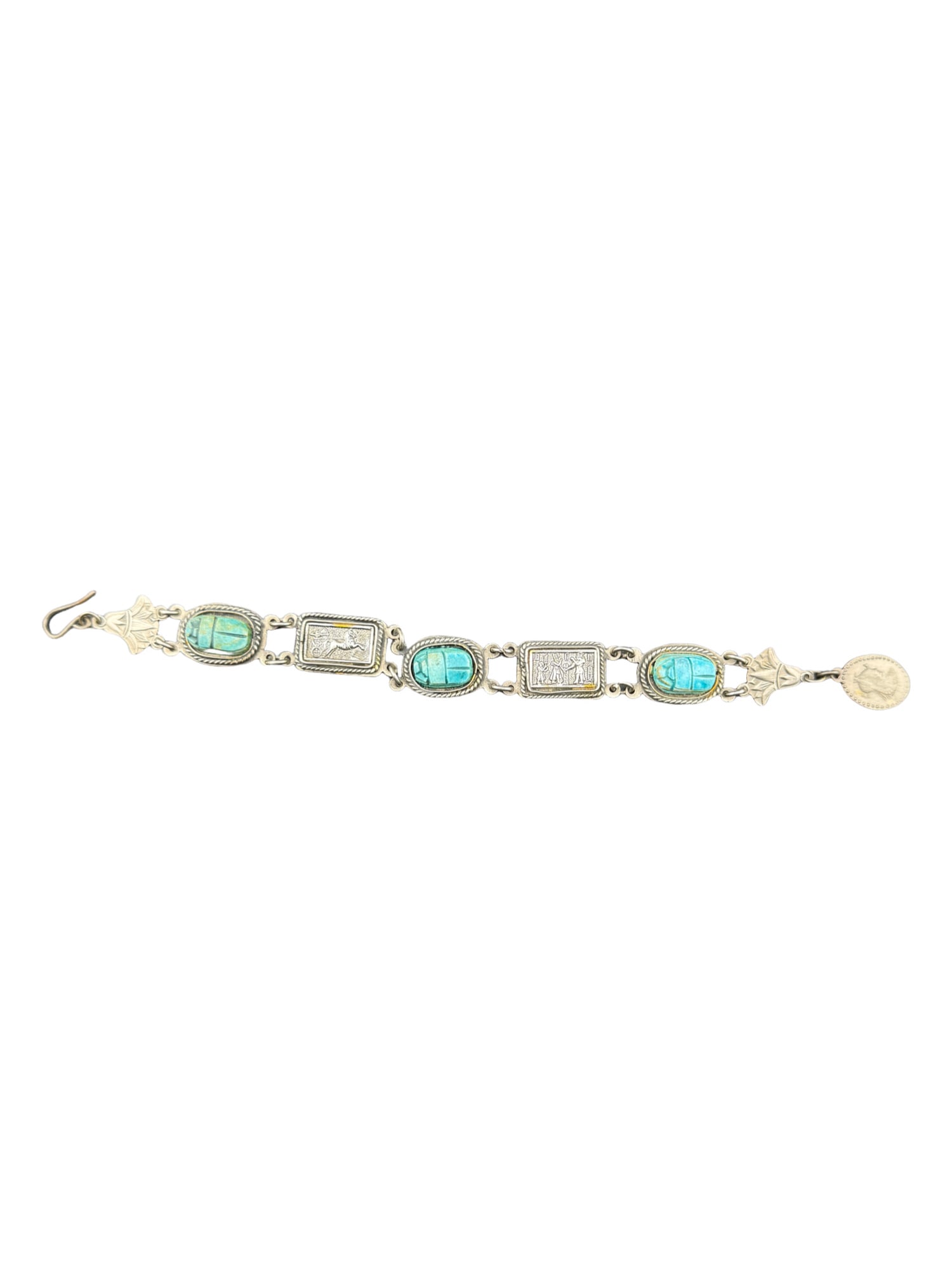 Egyptian Revival Silver Scarab Bracelet: PLEASE READ: If you win this item, please select self arranged for in house shipping when paying invoice Egyptian Revival Silver Scarab Bracelet 9"L unclasped
