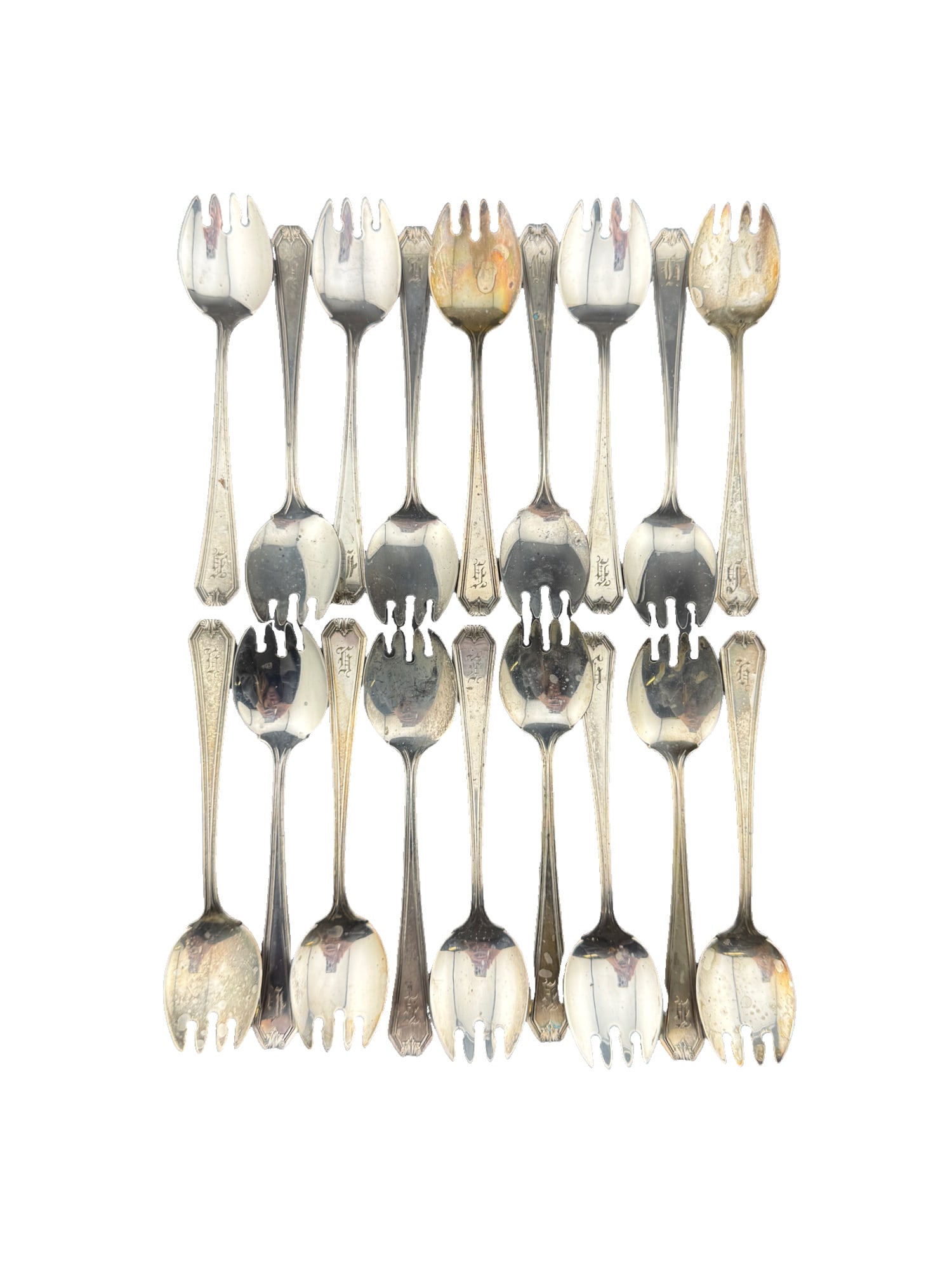 Whiting Sterling Silver Monogrammed Sporks Set of 18: PLEASE READ: If you win this item, please select self arranged for in house shipping when paying invoice Whiting Sterling Silver Monogrammed Sporks Set of 18 294 total grams 5 inches each
