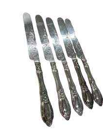 (5) Pcs.Tifft & Whiting Bright-Cut flower Motif coin silver knives