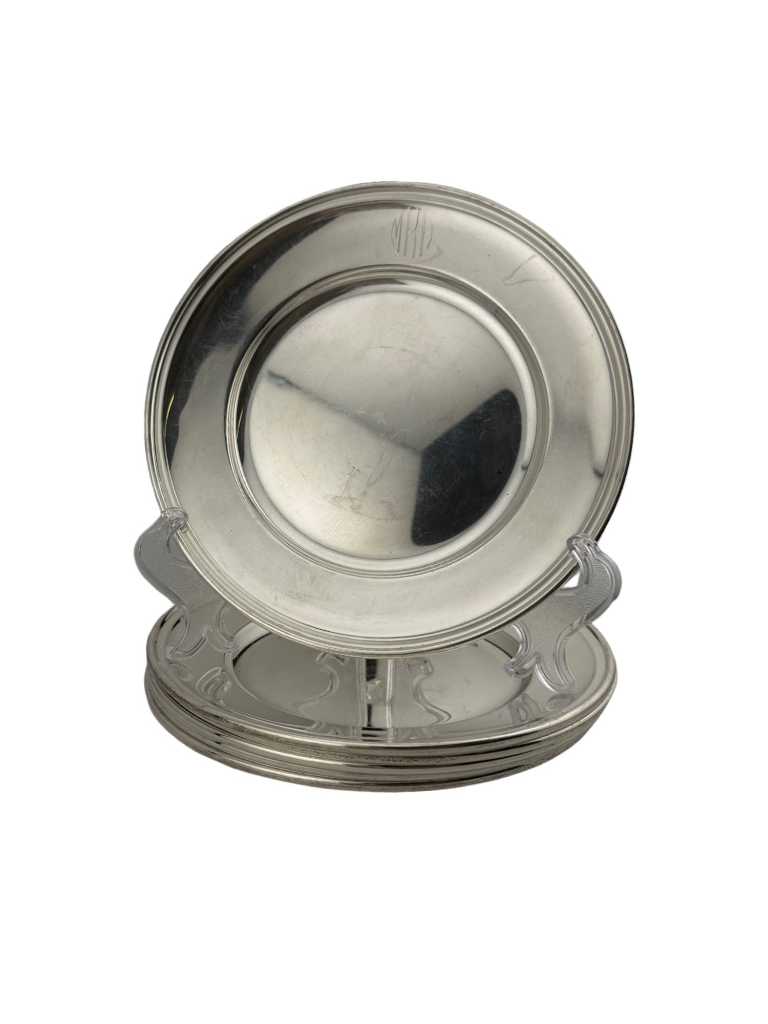 Gorham Sterling Silver Monogrammed Plates Set of 6: PLEASE READ: If you win this item, please select self arranged for in house shipping when paying invoice Gorham Sterling Silver Monogrammed Plates Set of 6 6 inches each 480 total grams Monogrammed MA