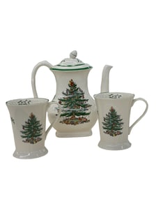 Spode Christmas Tree Coffee Tea Pot and Two Mugs Set