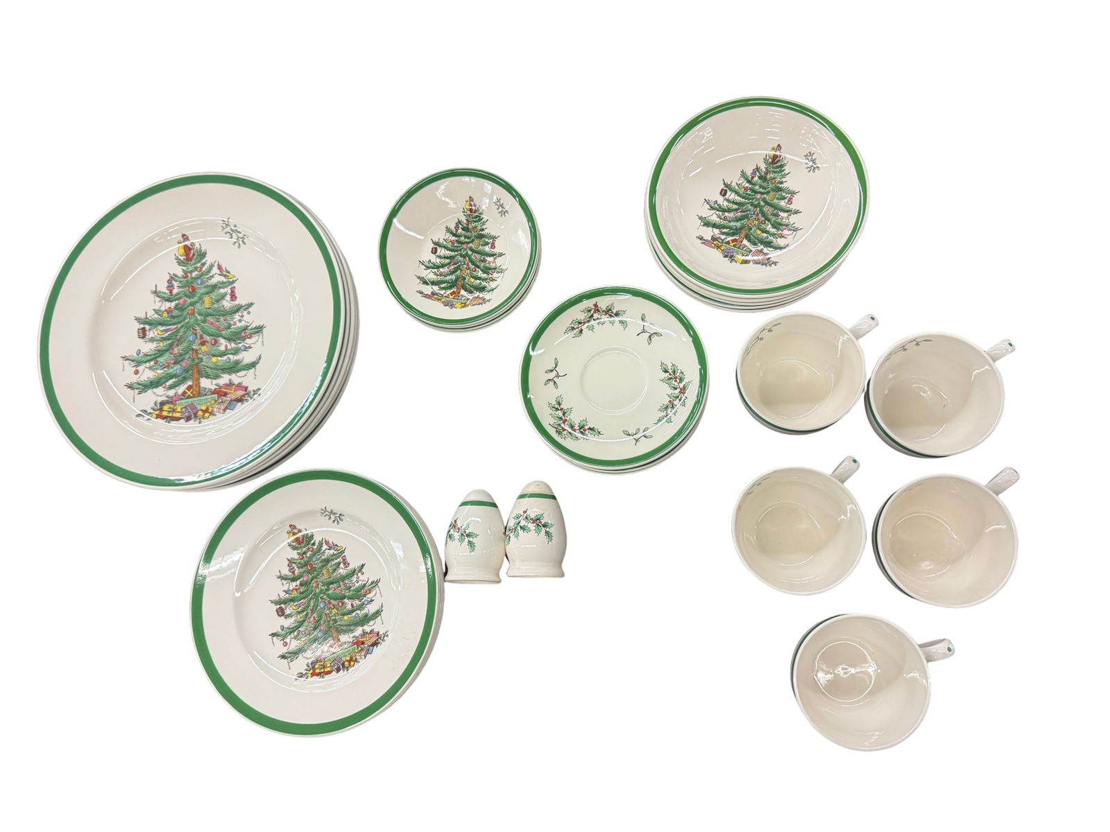 Spode Christmas 31-Piece Set of Teacups, Plates, Bowls, Saucers, Salt and Pepper Shakers: PLEASE READ: out of house shipping Spode Christmas 31-Piece Set of Teacups, Plates, Bowls, Saucers, Salt and Pepper Shakers Teacups (5) Each Measure: 3.5" diameter and top x 2.5"H Saucers for Tea cups