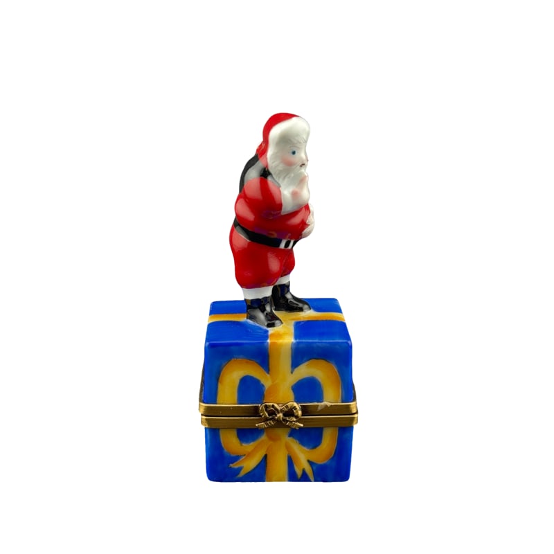 Limoges France Peint Main Christmas Trinket Box - Santa on Present: PLEASE READ: If you win this item, please select self arranged for in house shipping when paying invoice Limoges France Peint Main Christmas Trinket Box - Santa on Present 3.5"H x 1.5"L