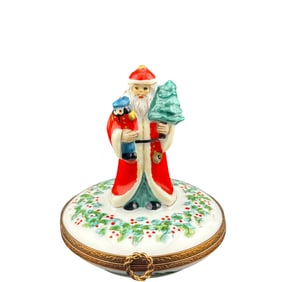 Limoges France Peint Main Christmas Trinket Box - Santa with Tree and Nutcracker