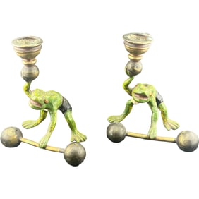 Pair Vintage Cast Iron Frog Candle Holders