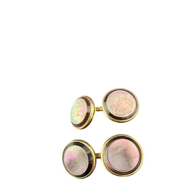 Pair of 10K Gold Mother Of Pearl Cufflinks: PLEASE READ: in house shipping If you win this item, please select self arranged for in house shipping when paying invoice Pair of 10K Gold Mother Of Pearl Cufflinks circle: .5"
