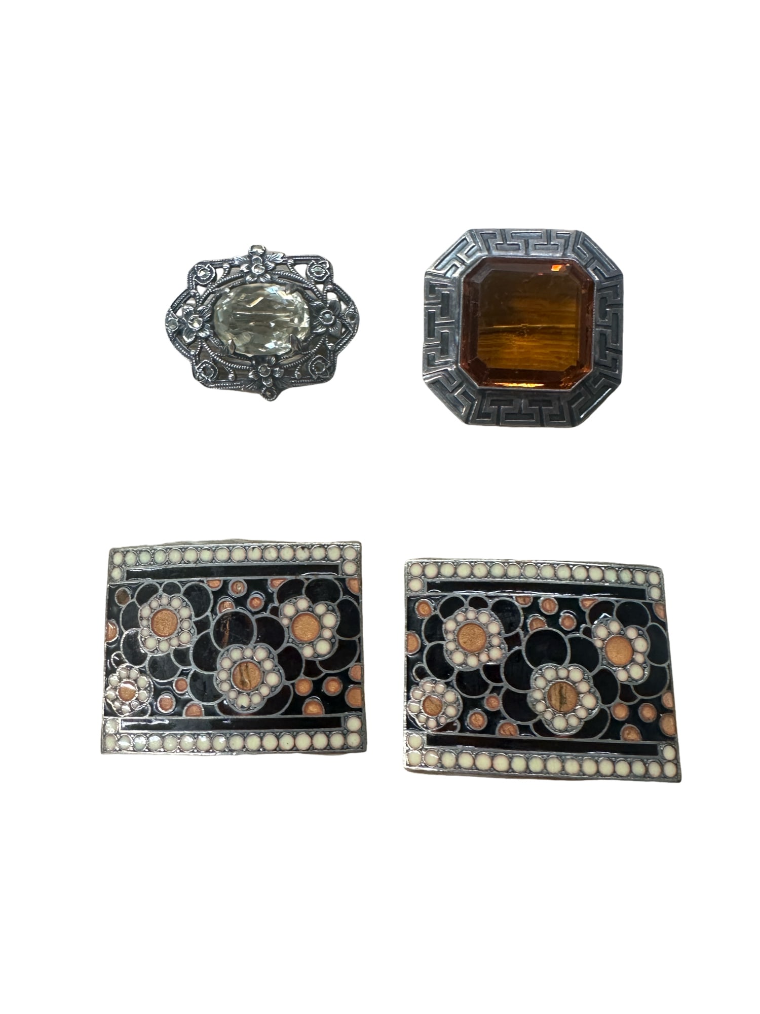 Lot of Costume Brooches / Belt Shoe Buckles - Filigree, Greek Key-sterling: in house shipping Lot of Costume Brooches / Belt Shoe Buckles greek key: 1.5" filigree: 1.25" buckle: 1.75"